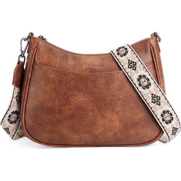 👑Women\'s Brown Leather Lightweight Zipper Pocket Adjustable Strap Crossbody Bag